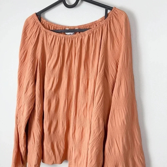 ELIZABETH AND JAMES | OFF SHOULDER BRICK COLOR WRINKLE TEXTURED BLOUSE - Picture 12 of 13